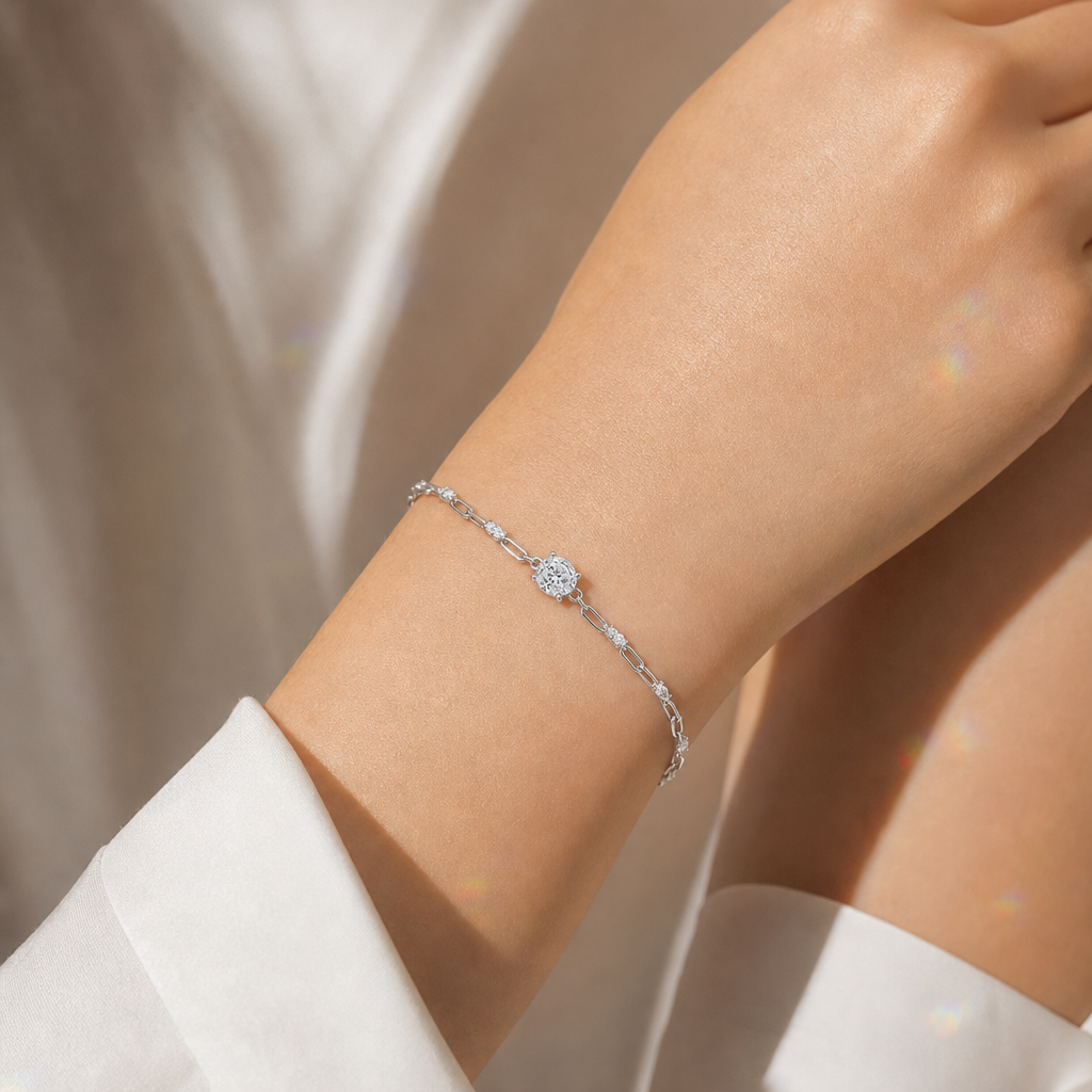Luna Oval White Diamond Paperclip Bracelet view 2