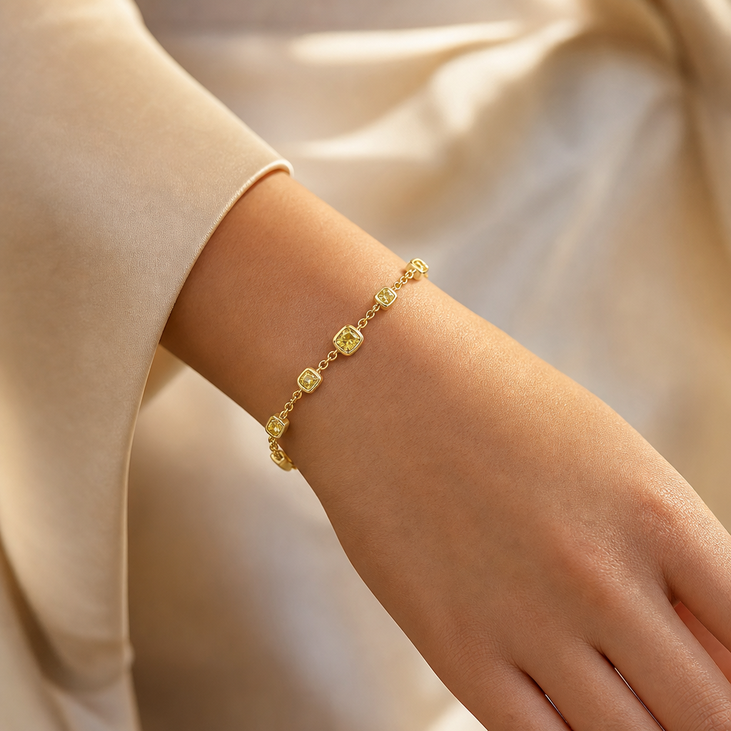Crescent Cushion Yellow Diamond Bezel Station Bracelet view 2