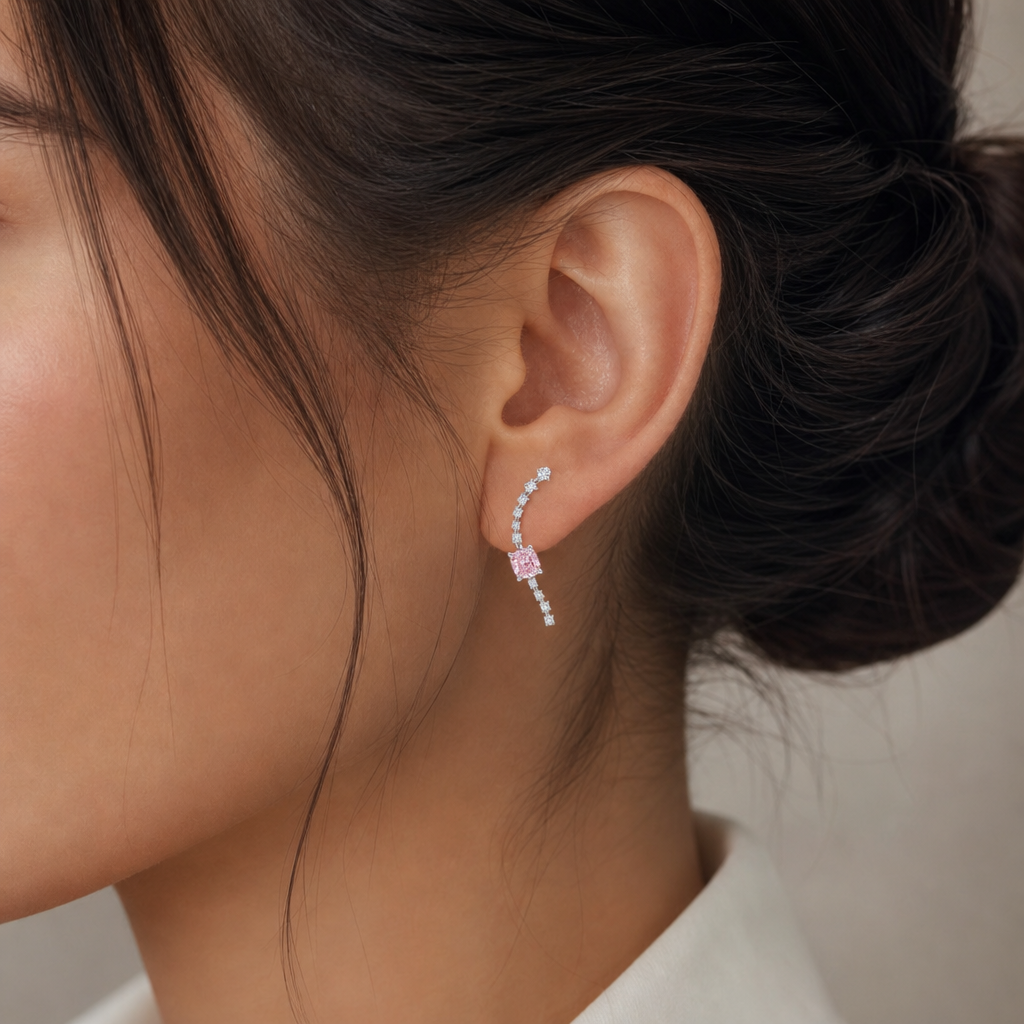 Crescent Atelier Cushion Pink Diamond Ear Climber view 2