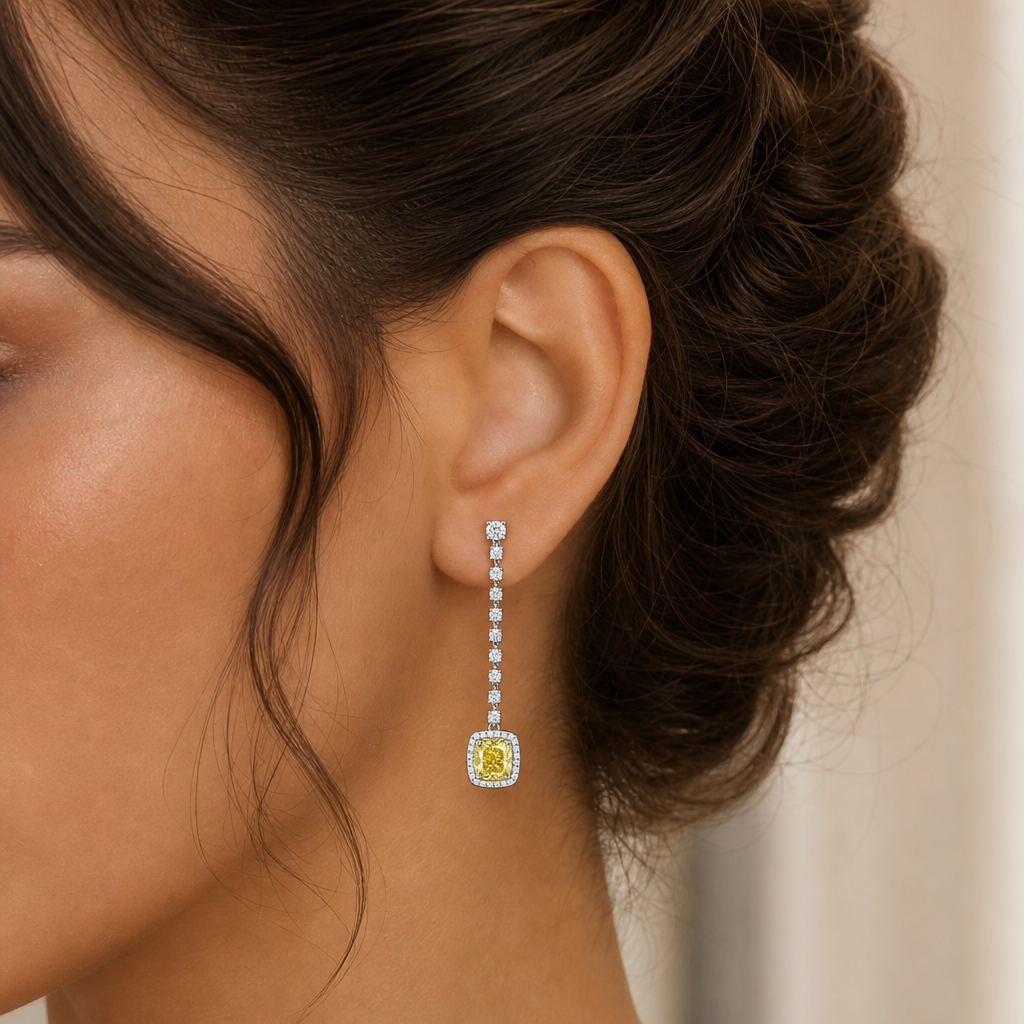 Crescent Petite Cushion Yellow Diamond Drop Earrings view 2