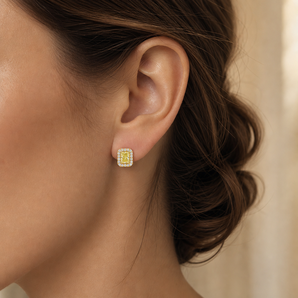 Celestial Radiant Yellow Diamond Halo Stud Earrings view 2