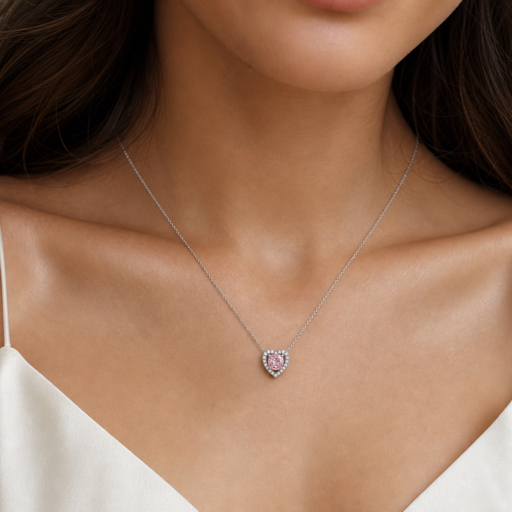 Amour Cushion Pink Diamond Heart Necklace view 2