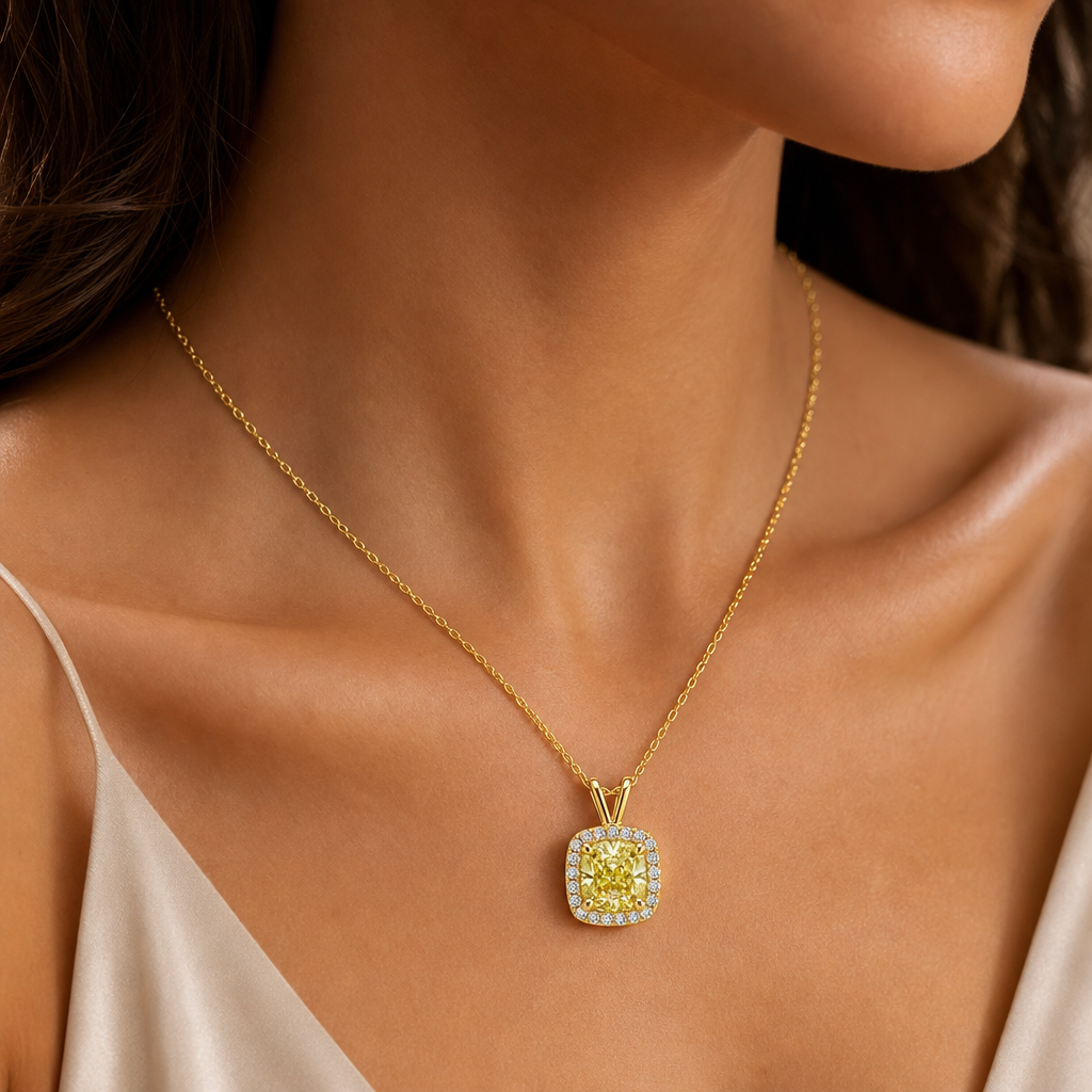 Canary Vow Cushion Halo Pendant Necklace view 2