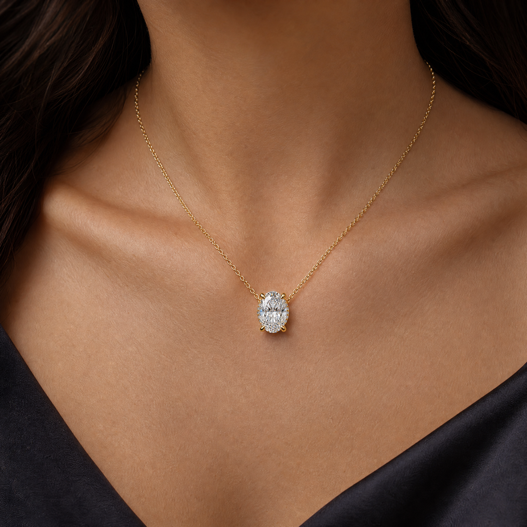 Floating Oval Diamond Pendant Necklace view 2