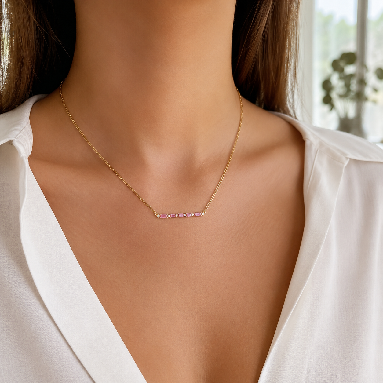 Pink Baguette Paperclip Necklace view 2