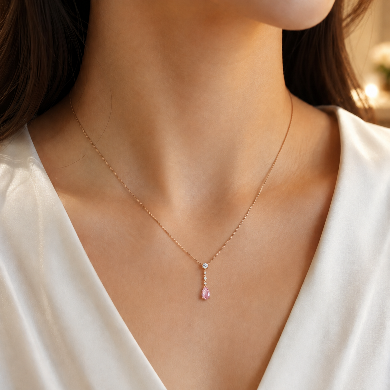 Pink Y-Drop Pear Necklace view 2