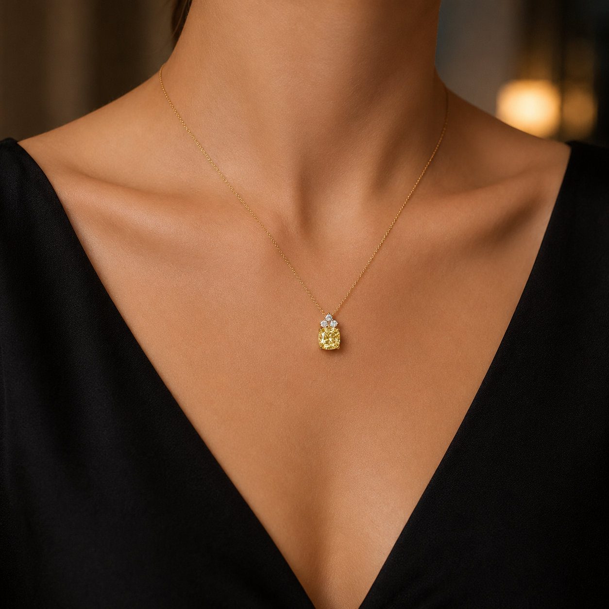 Yellow Cushion Three-Diamond Drop Necklace view 2